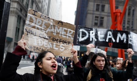 Activists and DACA recipients march up Broadway during the start of their 'Walk to Stay Home,' a five-day 250-mile walk from New York to Washington D.C., to demand that Congress pass a Clean Dream Act, in Manhattan