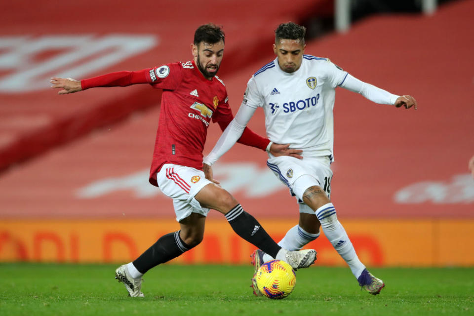 Manchester City target Raphinha: Bruno Fernandes of Manchester United battles for possession with Raphinha of Leeds United during the Premier League match between Manchester United and Leeds United at Old Trafford on December 20, 2020 in Manchester, England. The match will be played without fans, behind closed doors as a Covid-19 precaution.