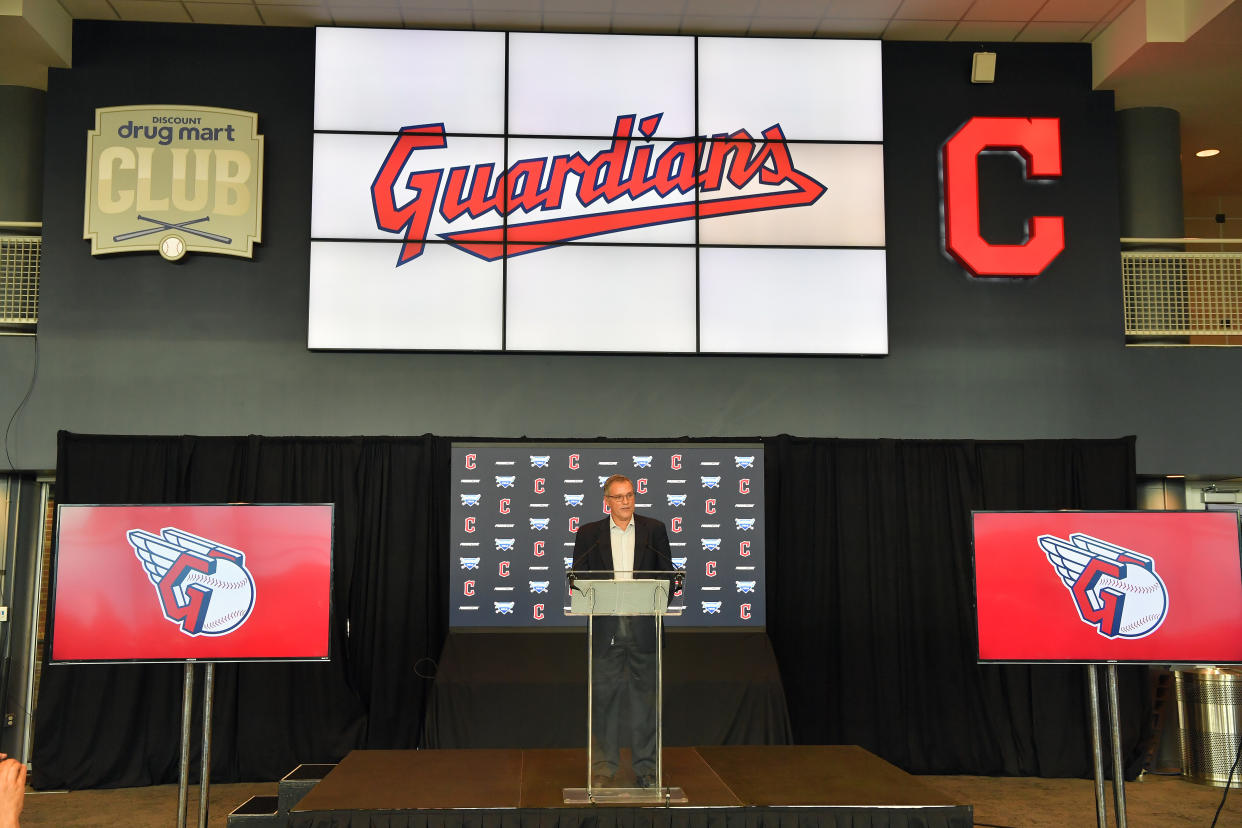 CLEVELAND, OHIO - JULY 23: Cleveland Indians president of business operations Brian Barren talks to members of the media during a press conference announcing the name change from the Cleveland Indians to the Cleveland Guardians at Progressive Field on July 23, 2021 in Cleveland, Ohio. (Photo by Jason Miller/Getty Images)