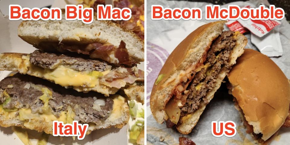 close-up cross section of the bacon big mac from italian mcdonalds and a cross section of a bacon mcdouble from us mcdonalds