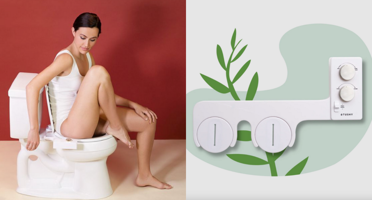 woman sitting on toilet using bidet, bidet attachment hello tushy 