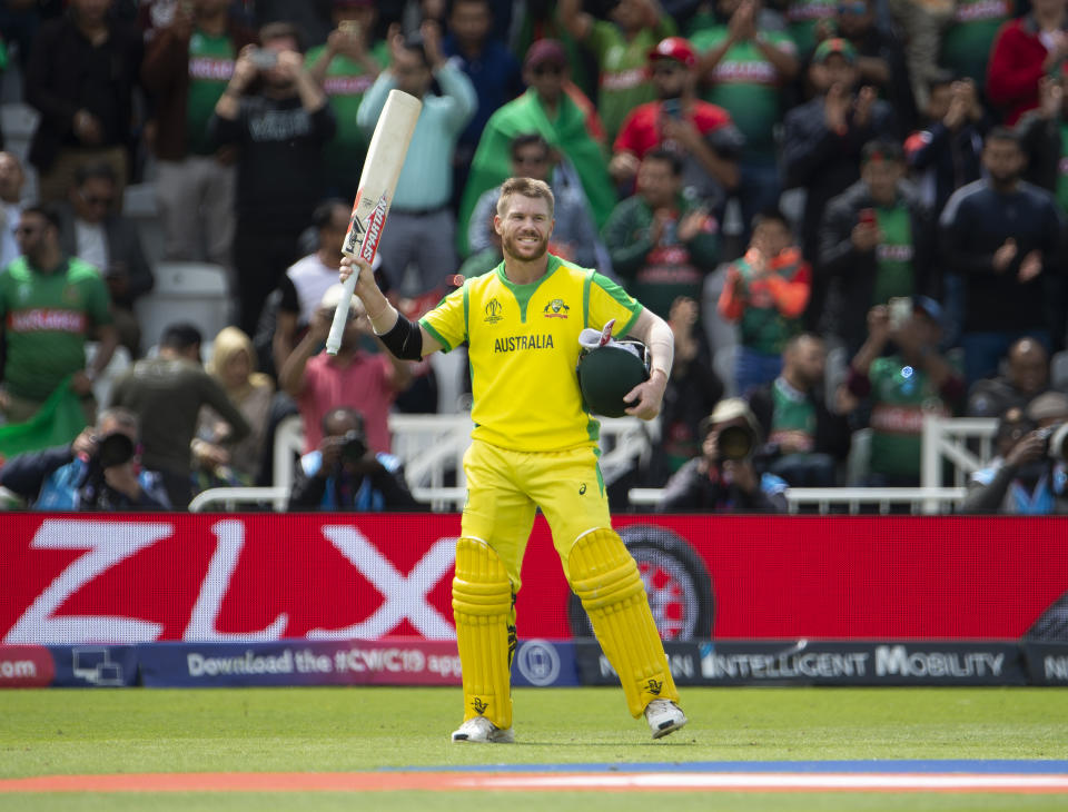 NOTTINGHAM, ENGLAND - JUNE 20: David Warner of Australia acknowledges the crowd after being dismissed for 166 during the Group Stage match of the ICC Cricket World Cup 2019 between Australia and Bangladesh at Trent Bridge on June 20, 2019 in Nottingham, England. (Photo by Visionhaus/Getty Images)