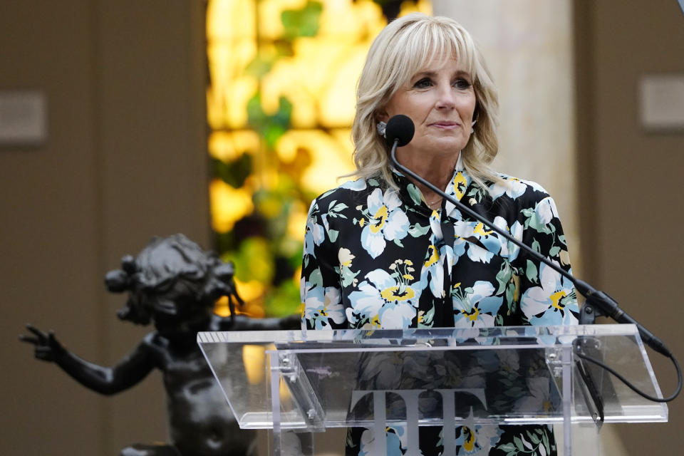 First lady Jill Biden speaks at the unveiling of the Met Museum Costume Institute's exhibit "In America: A Lexicon of Fashion" on Monday, May 2, 2022, in New York. (Photo by Charles Sykes/Invision/AP)