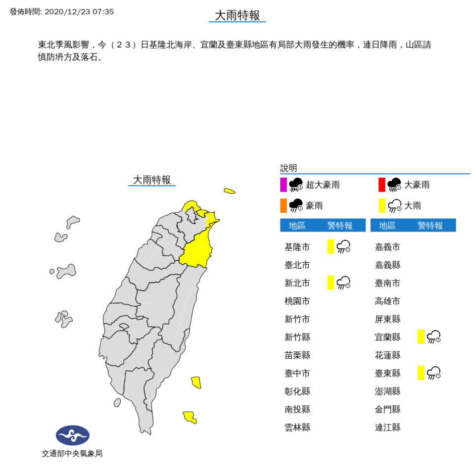 中央氣象局上午發布大雨特報指出，受東北季風影響，基隆北海岸、宜蘭及台東縣地區今天有局部大雨發生的機率，連日降雨，山區請慎防坍方及落石。(圖取自氣象局)