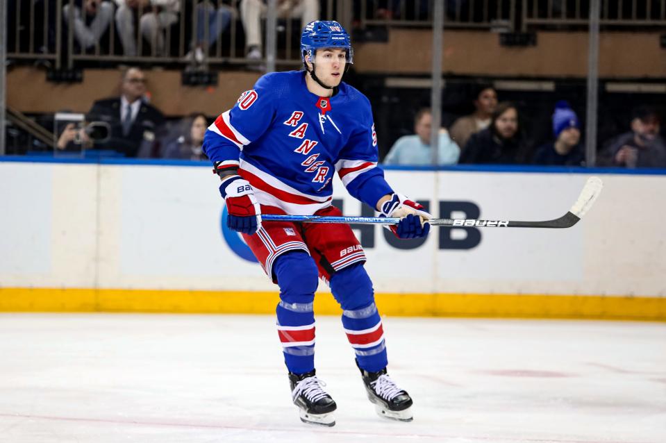 Jan 2, 2024; New York, New York, USA; New York Rangers left wing Will Cuylle (50) skates against the Carolina Hurricanes during the first period at Madison Square Garden.