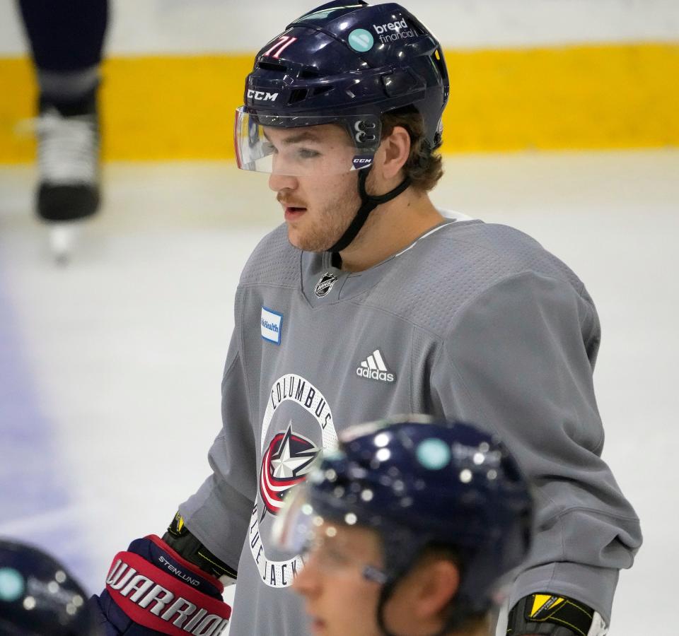 Sep 13, 2023; Columbus, OH, USA; Columbus Blue Jackets prospect Oasis Wiesblatt during practice at the Ice Haus.