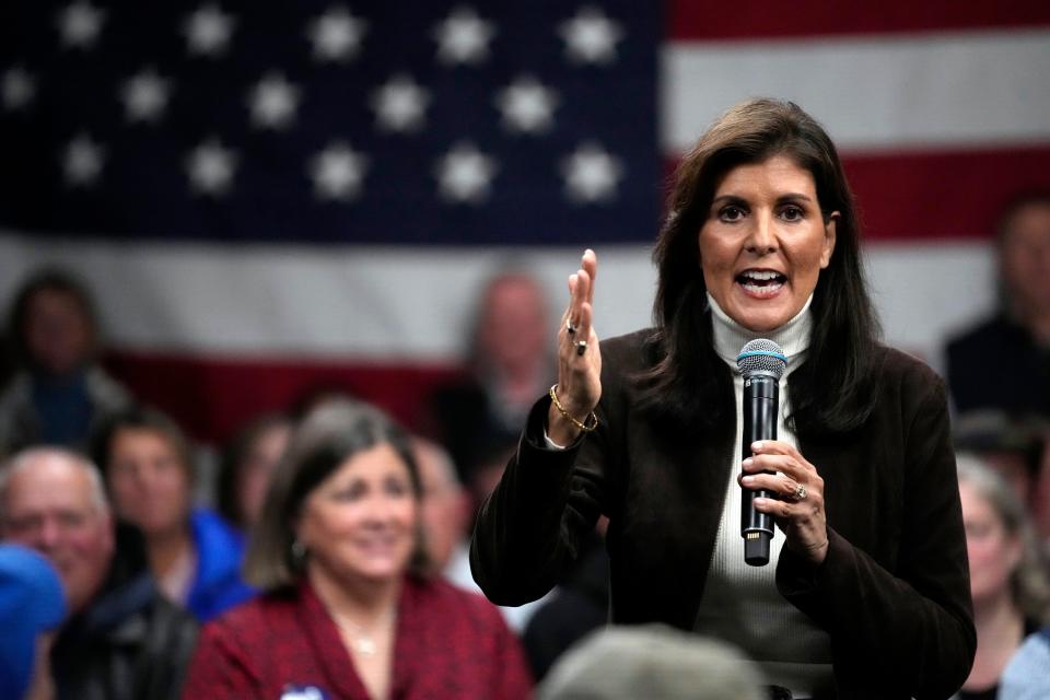 Republican presidential candidate former U.N. Ambassador Nikki Haley speaks at a town hall campaign event, Tuesday, Dec. 12, 2023, in Manchester, N.H.