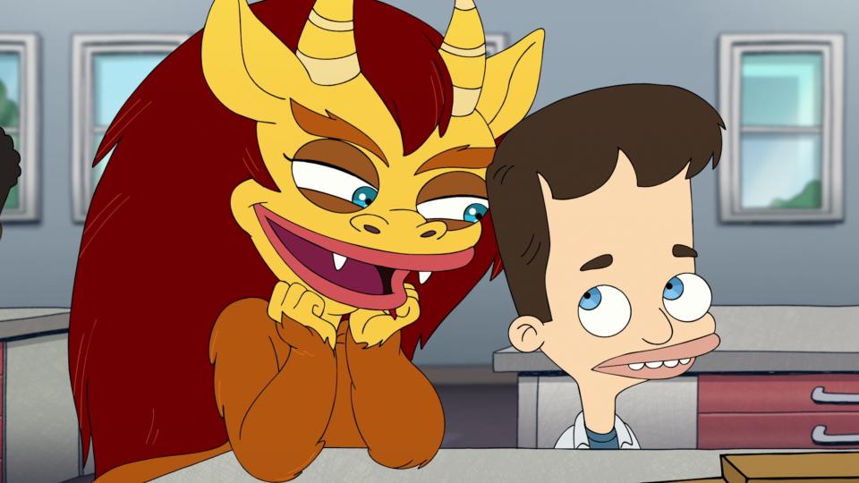 Animated characters, a smiling dragon creature next to a boy with a surprised expression, from the show "Big Mouth."