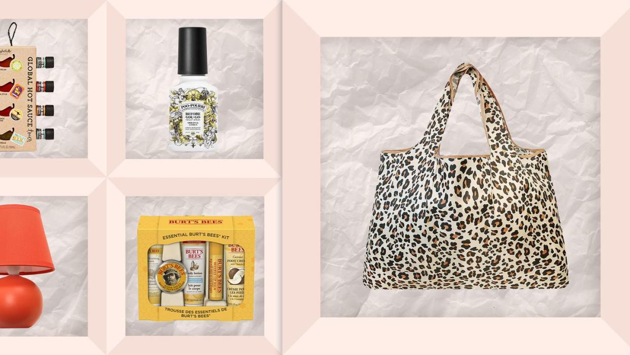 hot sauce, poo pouri spray, shopping bag, burt's bees set, lamp