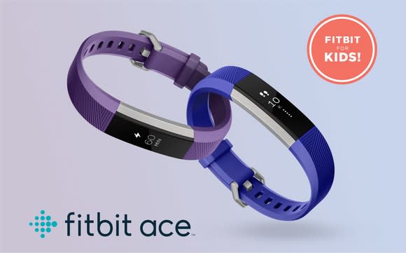 Two Fitbit Ace trackers, on in purple, the other in blue