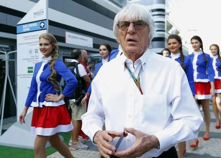 Formula One commercial supremo Bernie Ecclestone arrives for the drivers' parade before the first Russian Grand Prix in Sochi October 12, 2014. REUTERS/Laszlo Balogh