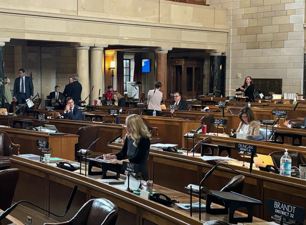 Nebraska Sen. Megan Hunt of Omaha speaks in support of overriding Gov. Jim Pillen's veto of her SSP bill.