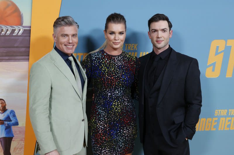 Left to right, Anson Mount, Rebecca Romijn and Ethan Peck arrive on the red carpet at the New York premiere of "Star Trek: Strange New Worlds" at AMC Lincoln Square Theater in 2022 in New York City. File Photo by John Angelillo/UPI