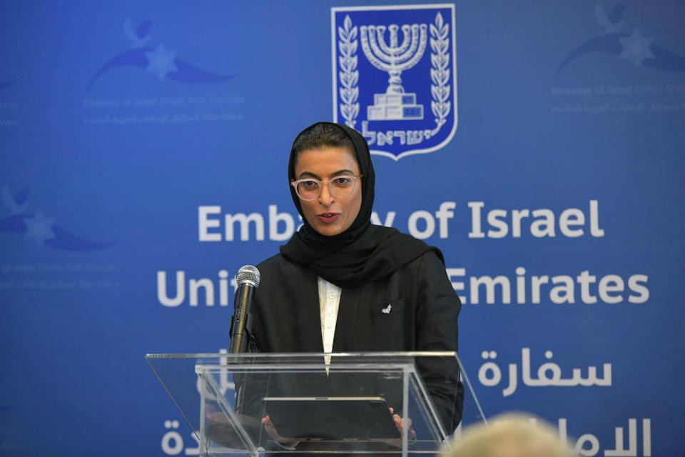 In this photo made available by the Israeli Government Press Office, UAE Minister of Culture and Knowledge Development, Noura Al Kaabi, speaks during the inauguration of the Israeli Embassy in Abu Dhabi, United Arab Emirates, Tuesday, June 29, 2021. Yair Lapid, Israel’s new foreign minister, is in the UAE on the first high-level trip by an Israeli official to the Gulf Arab state since the two countries normalized relations last year. (Shlomi Amsalem/Government Press Office via AP)