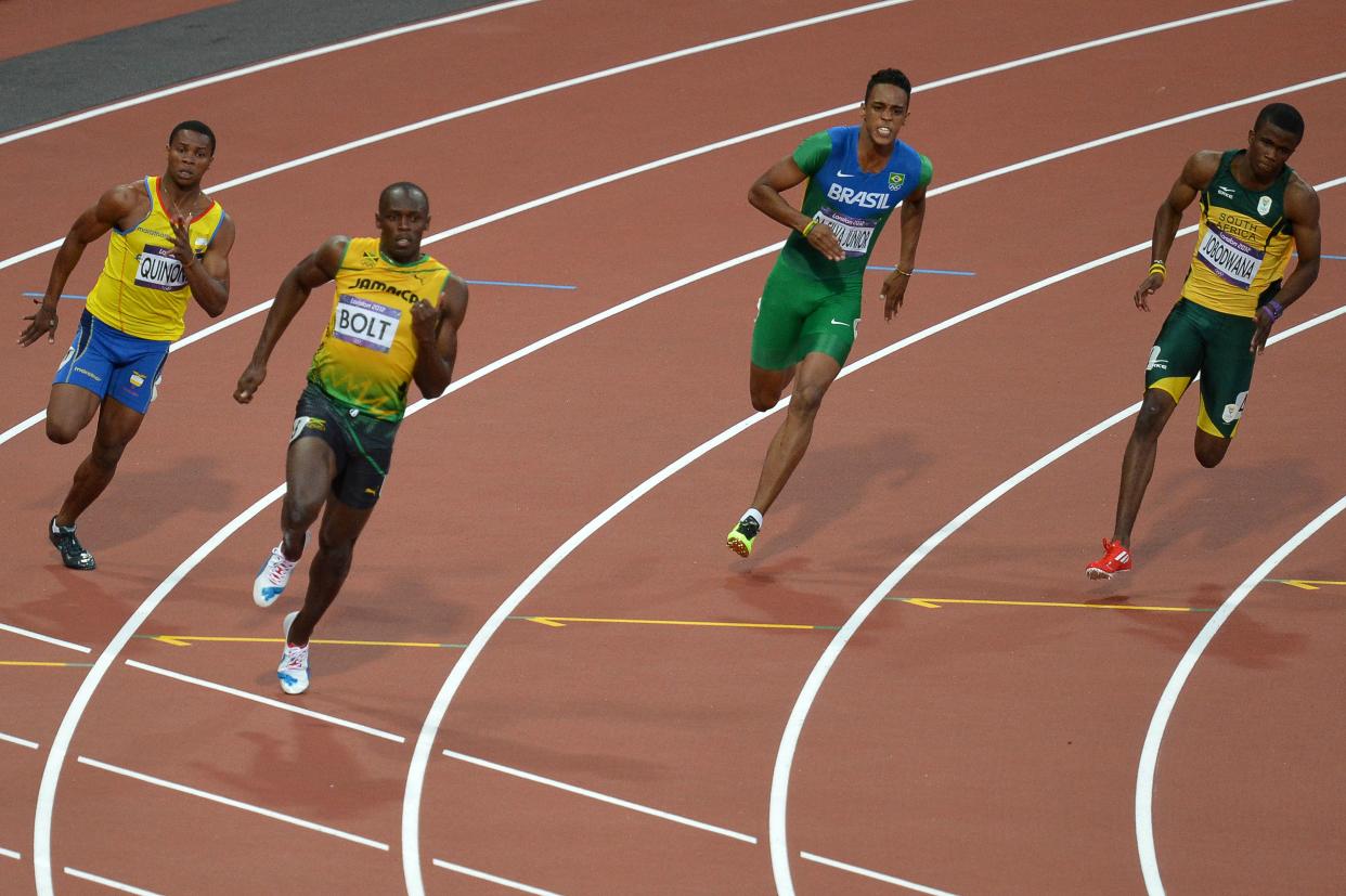 From left, Ecuador's Alex Quinonez, Jamaica's Usain Bolt, Brazil's Aldemir da Silva Junior and South Africa's Anaso Jobodwana compete in the London 2012 Olympic Games.