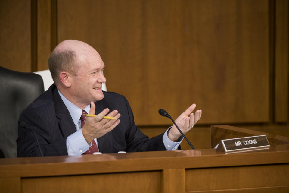 Sen. Chris Coons, D-Del., speaks during the confirmation hearing for Supreme Court nominee Amy Coney Barrett, before the Senate Judiciary Committee, Tuesday, Oct. 13, 2020, on Capitol Hill in Washington. (Rod Lamkey/Pool via AP)