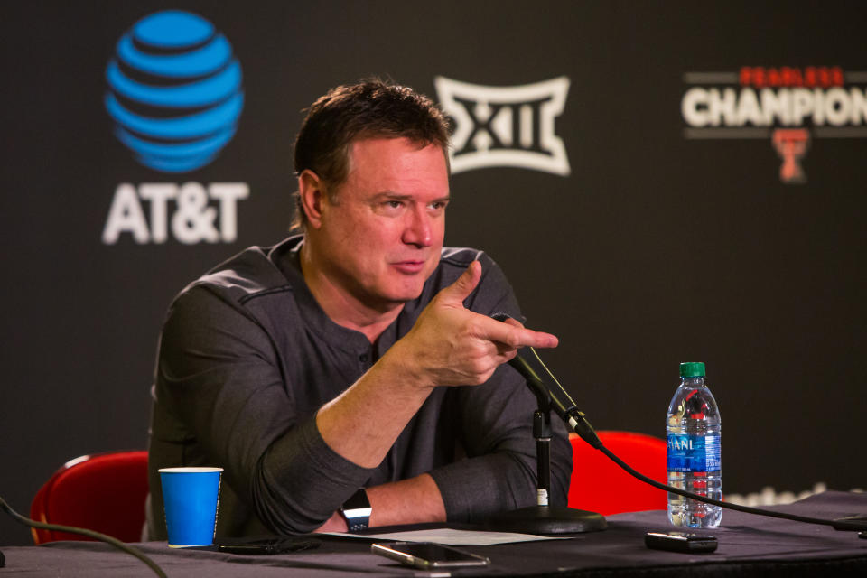 LUBBOCK, TEXAS - MARCH 07: Head coach Bill Self of the Kansas Jayhawks speaks during a postgame press conference after the college basketball game against the Texas Tech Red Raiders on March 07, 2020 at United Supermarkets Arena in Lubbock, Texas. (Photo by John E. Moore III/Getty Images)