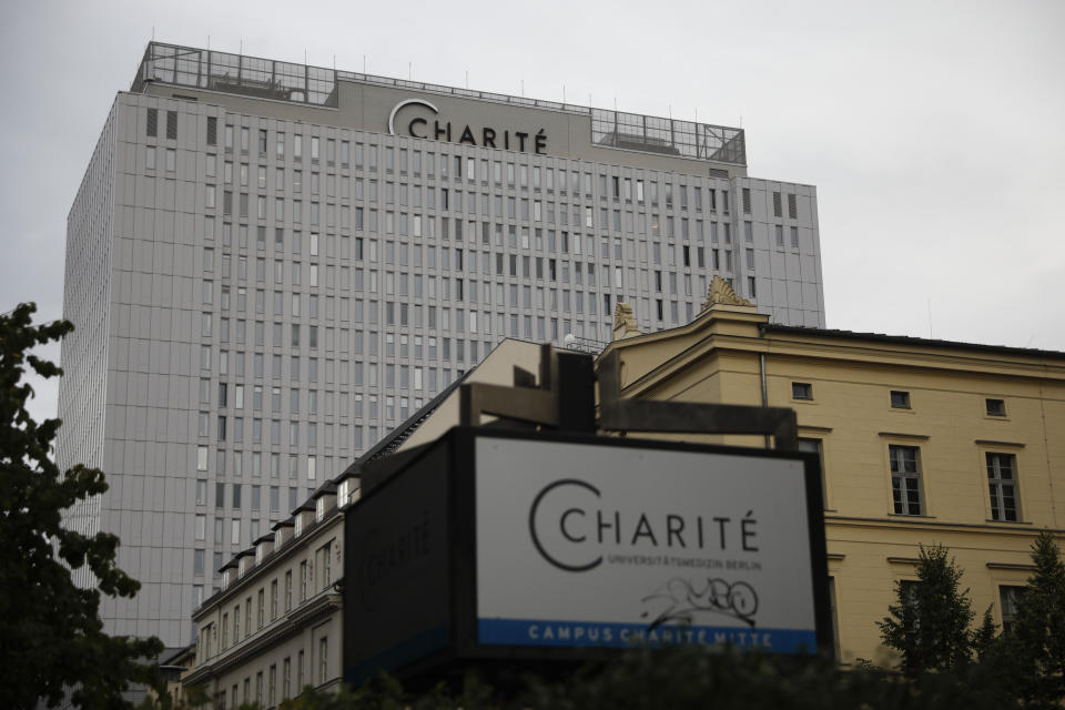 A view of the central building of the Charite hospital where the Russian opposition leader Alexei Navalny is being treated, in Berlin, Germany, Wednesday, Sept. 2, 2020. Russian opposition leader Alexei Navalny was the victim of an attack and poisoned with the Soviet-era nerve agent Novichok, the German government said Wednesday, Sept. 2, 2020 citing new test results. (AP Photo/Markus Schreiber)