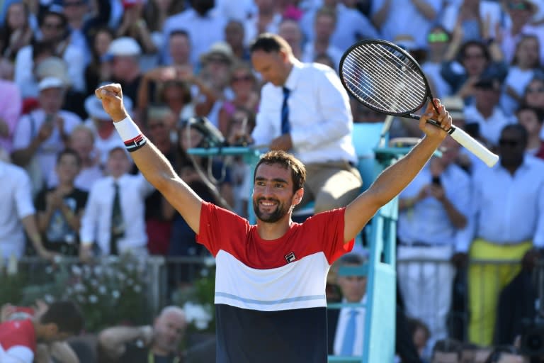 Champion: Marin Cilic celebrates after beating Novak Djokovic on Sunday