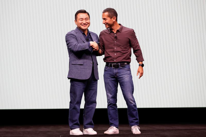 TM Roh of Samsung Electronics shakes hands with Hiroshi Lockheimer of Google during Samsung Galaxy Unpacked 2020 in San Francisco