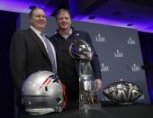 New England Patriots head coach Bill Belichick poses with NFL Commissioner Roger Goodell at a news conference for the NFL Super Bowl 53 football game Monday, Feb. 4, 2019, in Atlanta. The Patriots beat the Los Angeles Rams 13-3. (AP Photo/David J. Phillip)