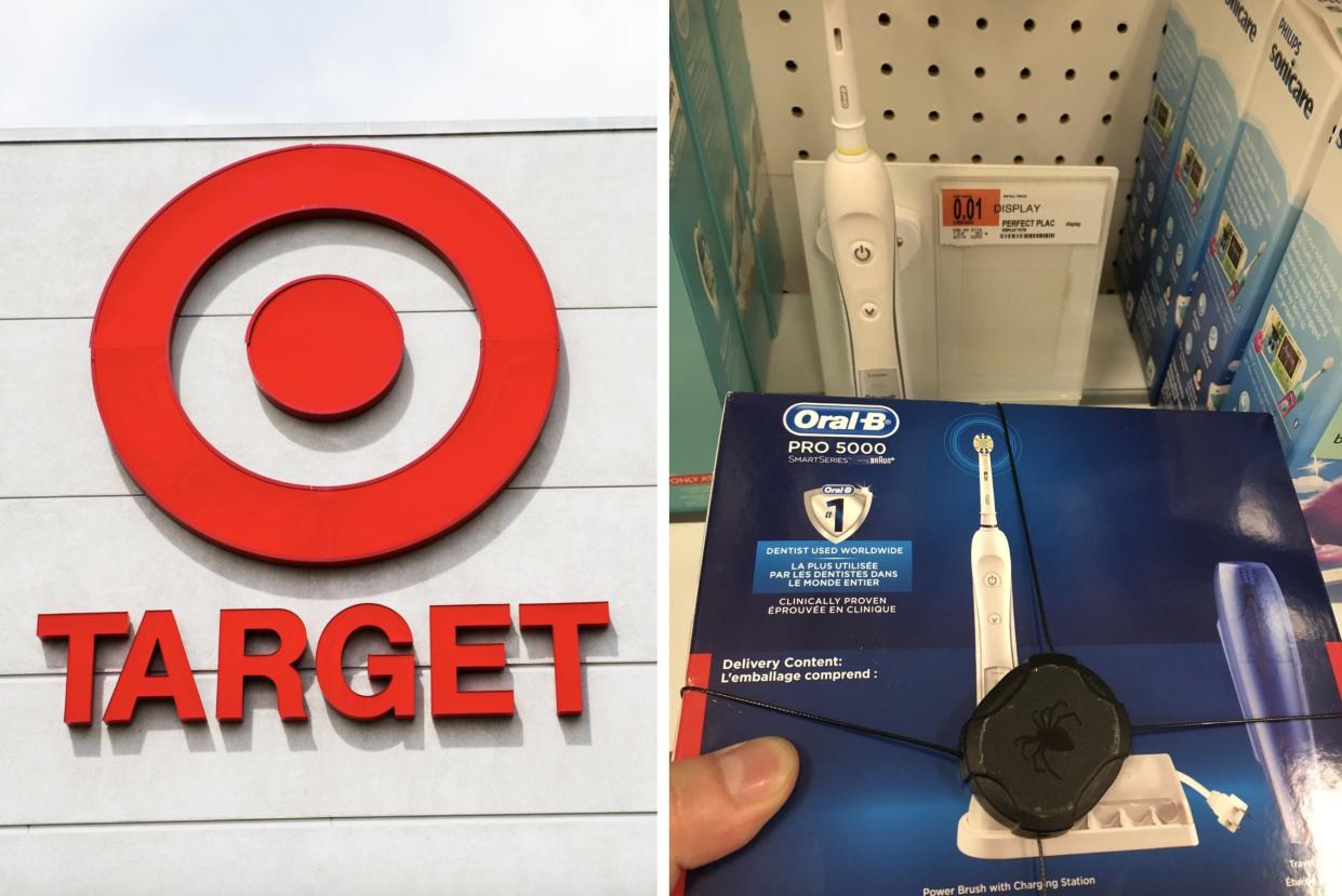 A Target storefront; a photo posted by David Leavitt to Twitter that shows a display for an electric toothbrush with a price tag of $0.01.