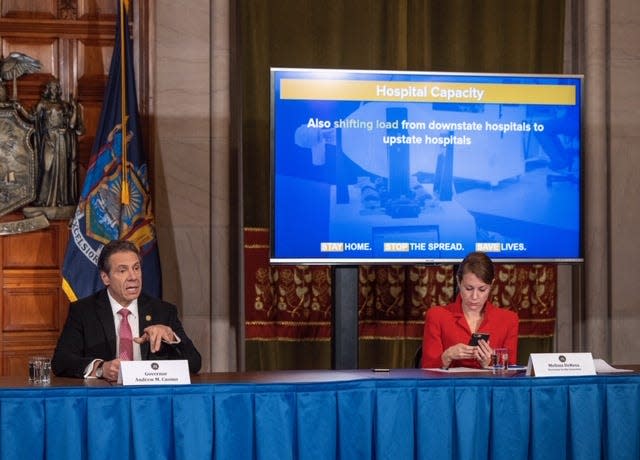 Gov. Andrew Cuomo and Melissa DeRosa during the coronavirus briefing on March 26. 2020.