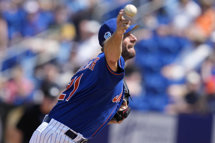 New York Mets starting pitcher Max Scherzer throws during the second inning of a spring training baseball game against the Washington Nationals, Friday, March 3, 2023, in Port St. Lucie, Fla. (AP Photo/Lynne Sladky)