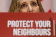 Canada's Deputy Prime Minister and Minister of Finance Chrystia Freeland takes part in a news conference on Parliament Hill in Ottawa