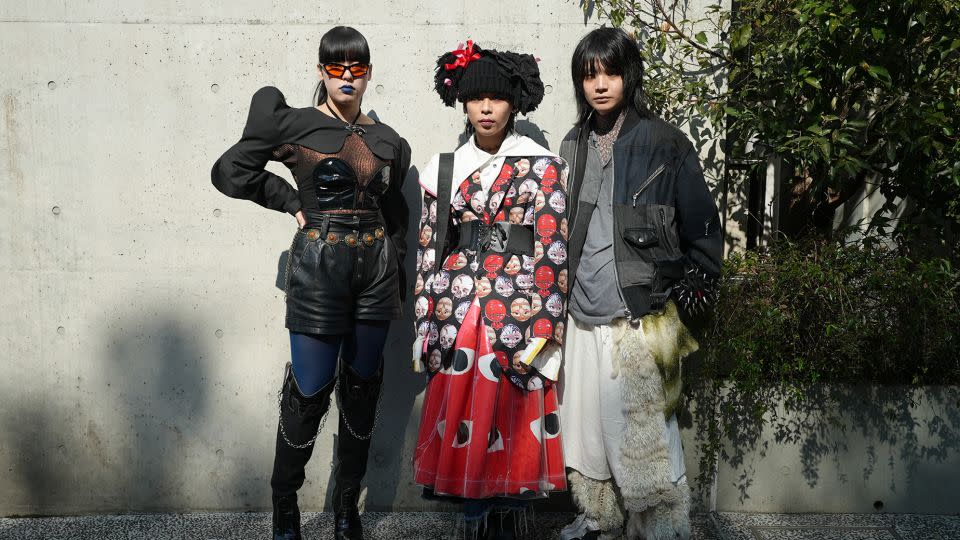 Natsumi Maso, Ryu Kobayashi, Soga Takahashi pictured outside Japanese label Meagratia's runway show on Friday. "More people (in Japan) are wearing black clothes," Maso observed. - Moeri Karasawa/CNN