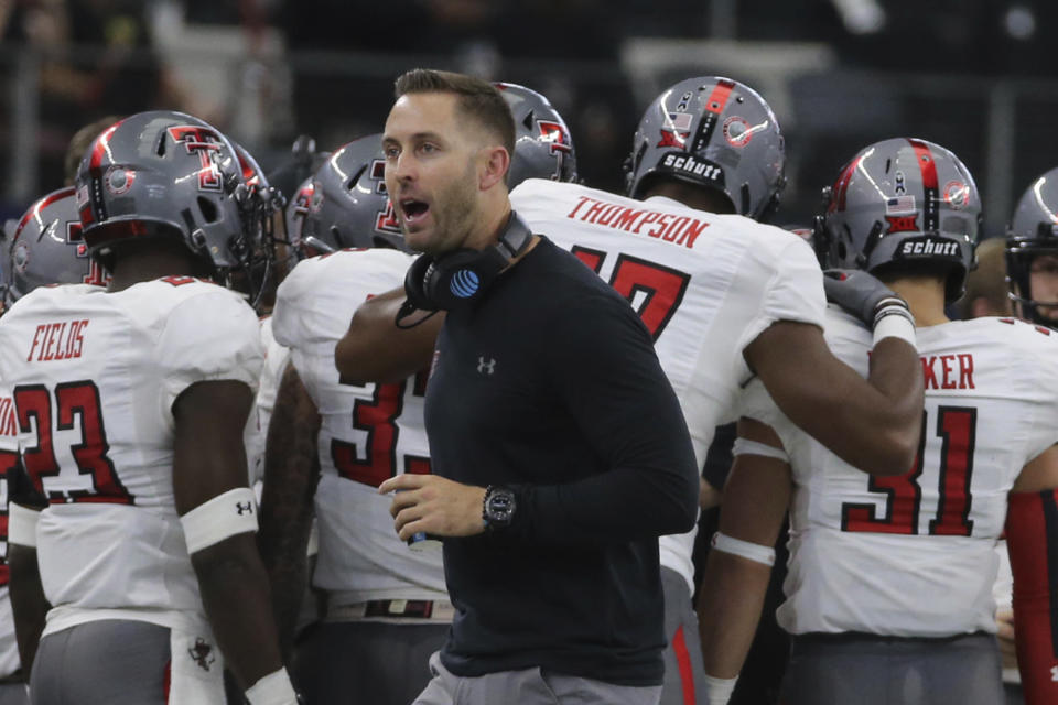 Texas Tech Head Football coach Kliff Kingsbury on the sidelines against Baylor in the first half of an NCAA college football game, Saturday, Nov. 11, 2017, in Arlington, Texas. (Jerry Larson/Waco Tribune Herald, via AP)