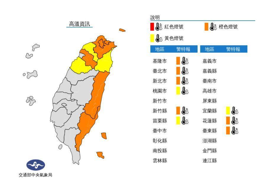 氣象局發布「高溫警報」，受影響地區共計9縣市。（翻攝自中央氣象局）