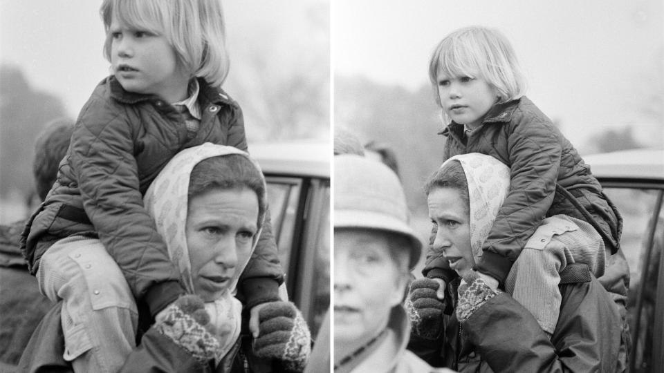 Princess Anne giving daughter Zara Phillips a piggyback