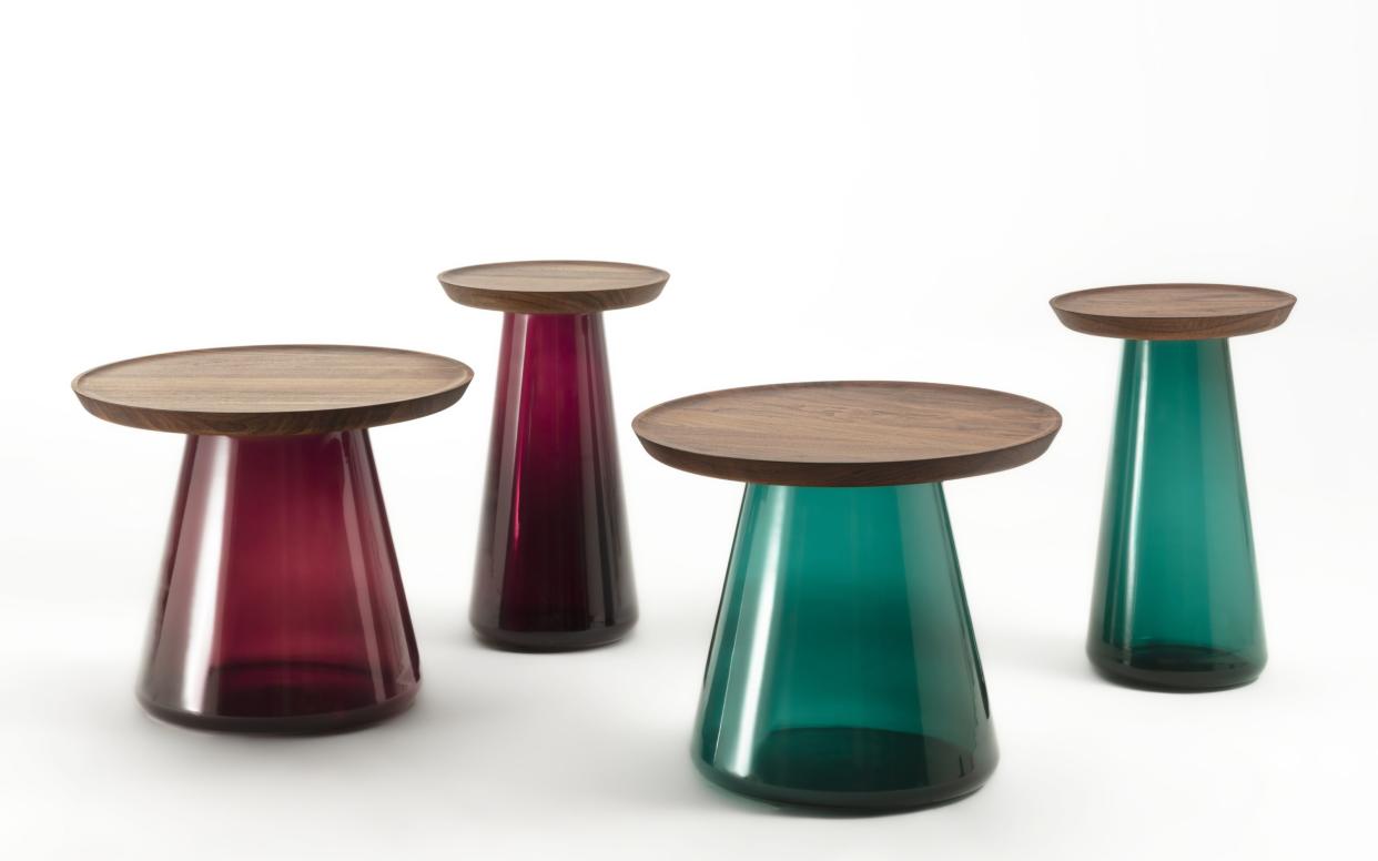  Milan Design Week Porada Jigger coffee tables with wood round top and glass base in red or green. 