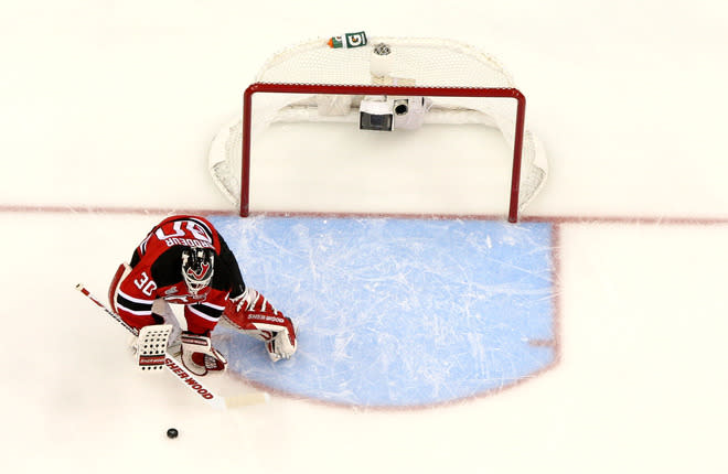 NEWARK, NJ - JUNE 02: Martin Brodeur #30 of the New Jersey Devils makes a save against the Los Angeles Kings during Game Two of the 2012 NHL Stanley Cup Final at the Prudential Center on June 2, 2012 in Newark, New Jersey. (Photo by Jim McIsaac/Getty Images)