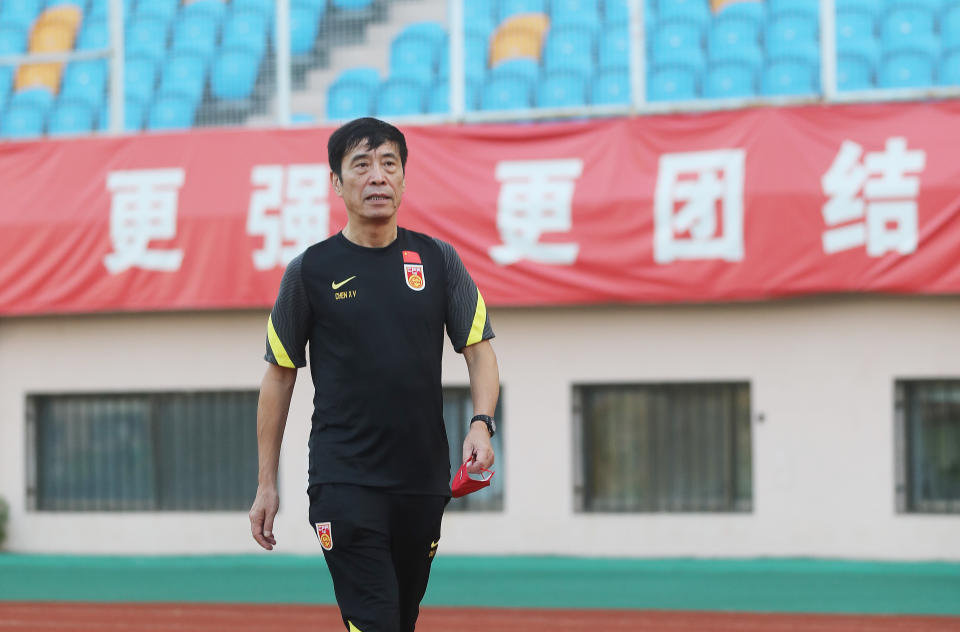 QINGDAO, CHINA - JULY 15: Chen Xuyuan, President of Chinese Football Association, reacts at a training session ahead of the 2022 EAFF E-1 Football Championship on July 15, 2022 in Qingdao, Shandong Province of China. (Photo by He Yi/VCG via Getty Images)