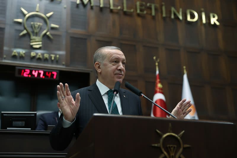 Turkish President Tayyip Erdogan addresses members of parliament from his ruling AK Party in Ankara