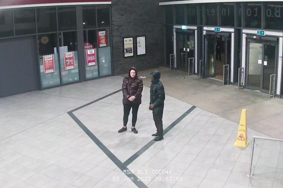 CCTV footage of Constance Marten and Mark Gordon walking into a Bolton bus junction with the child allegedly under Marten's coat (Metropolitan Police / PA)