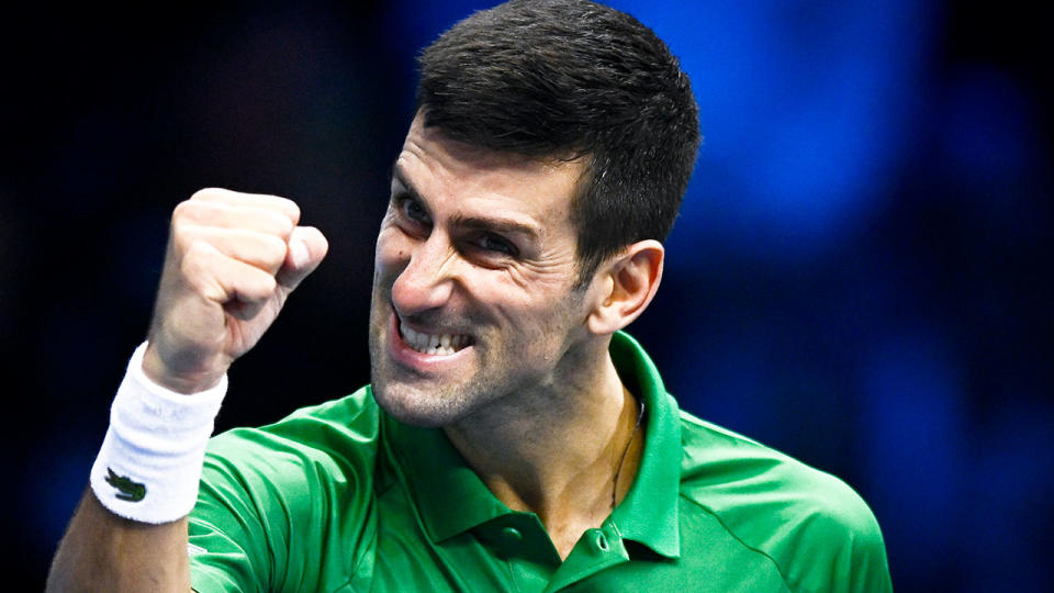 Pictured here, Novak Djokovic reacts with joy after a point at the ATP Finals in Turin.