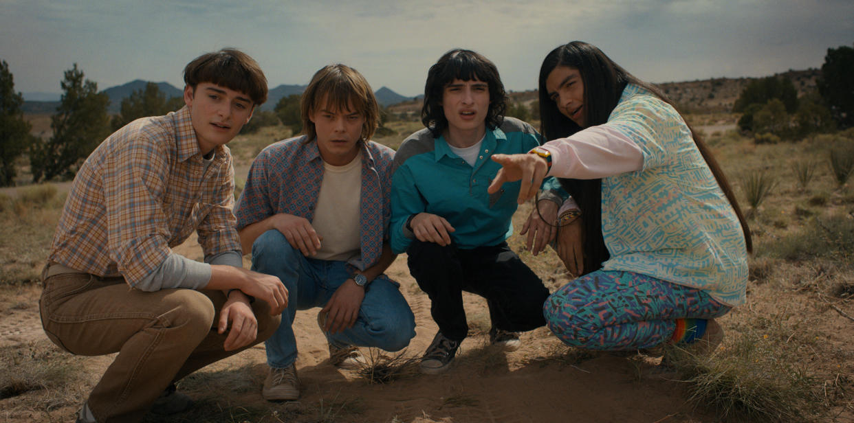 STRANGER THINGS. (L to R) Noah Schnapp as Will Byers, Charlie Heaton as Jonathan Byers, Finn Wolfhard as Mike Wheeler, and Eduardo Franco as Argyle in STRANGER THINGS. Cr. Courtesy of Netflix Â© 2022