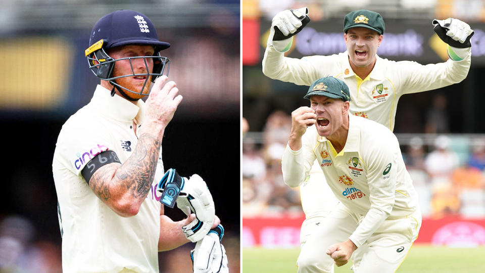 Pictured right, Australia players celebrate and Ben Stokes walks back to the pavilion on the left.