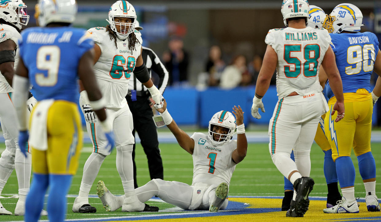 Tua Tagovailoa and the Dolphins struggled in a loss to the Chargers. (Photo by Harry How/Getty Images)