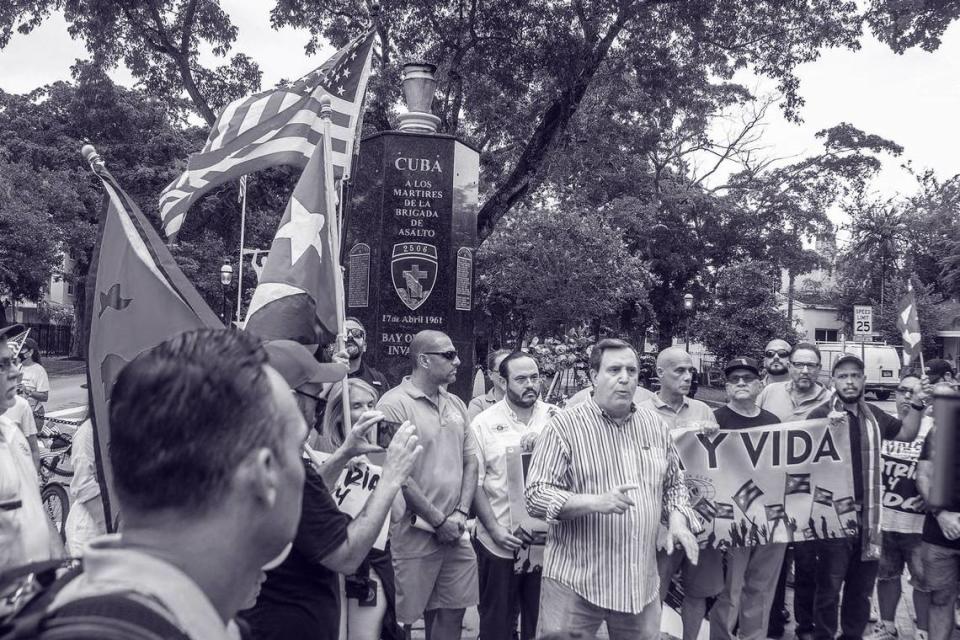 Miami Commissioner Joe Carollo speaks on Friday, July 23, 2021, at the Bay of Pigs Monument during a march called by the Kiwanis Club of Little Havana along Southwest Eighth Street to show solidarity and support for Cubans on the island. Pedro Portal/pportal@miamiherald.com