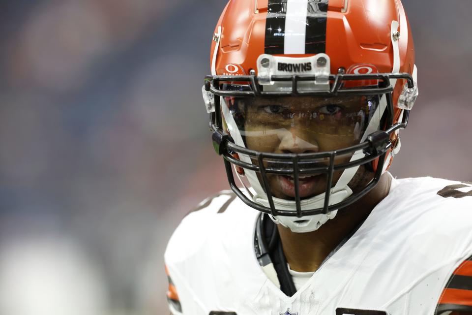 Cleveland Browns defensive end Myles Garrett (95) during pregame warmups before an NFL wild-card playoff game Saturday in Houston.