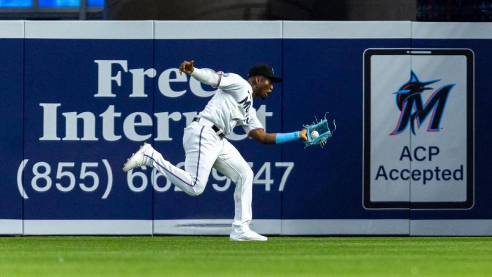 Miami Marlins outfielder Jesus Sanchez (7) catches a sharp line drive to right field during the second inning of an MLB game against the Toronto Blue Jays at LoanDepot Park on Wednesday, June 21, 2023, in Miami, Florida.