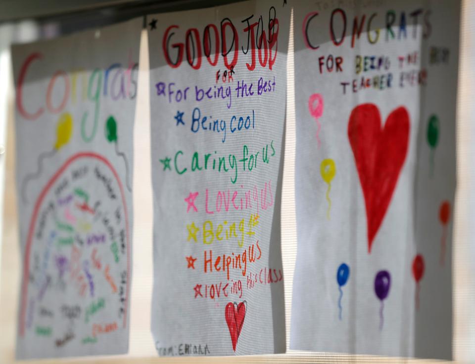 Student made cards for fourth-grade teacher Brianna Weyers during class in April 2023 in Appleton.