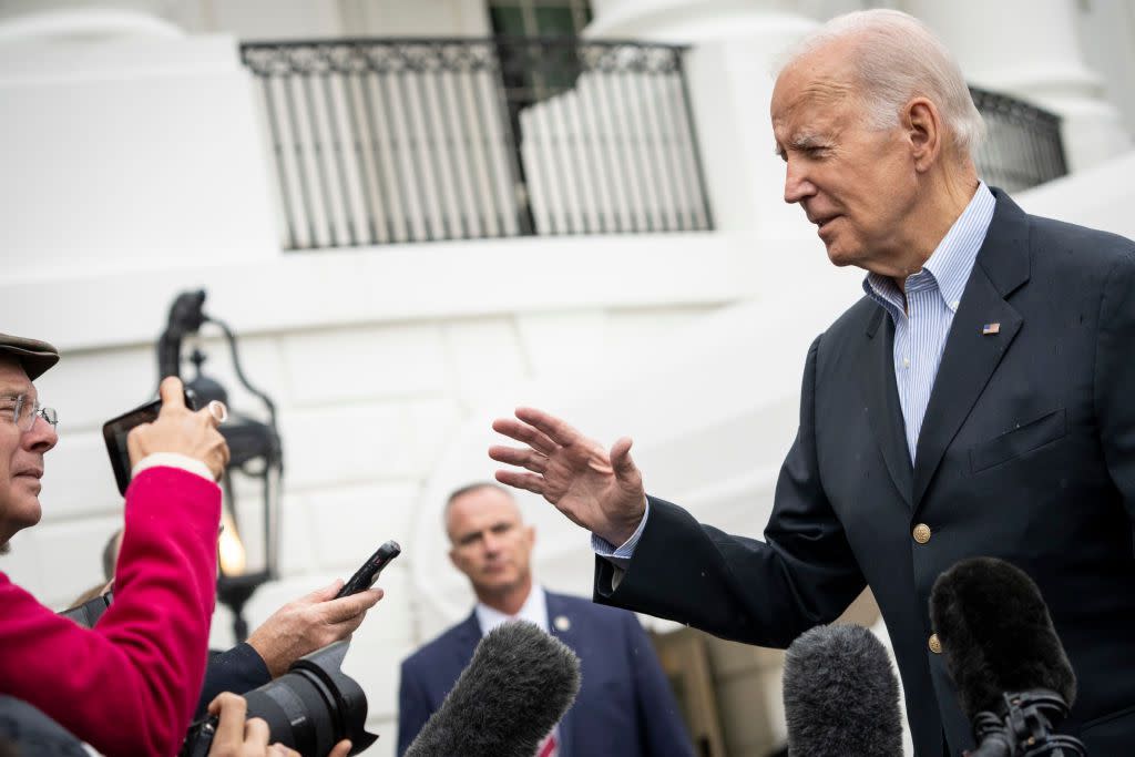 U.S. President Joe Biden speaks briefly to the press as he walks to Marine One on the South Lawn of the White House October 3, 2022 in Washington, DC. President Biden is traveling to Puerto Rico on Monday,