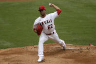 Los Angeles Angels starting pitcher Jose Quintana throws to a Los Angeles Dodgers batter during the first inning of a baseball game in Anaheim, Calif., Sunday, May 9, 2021. (AP Photo/Alex Gallardo)