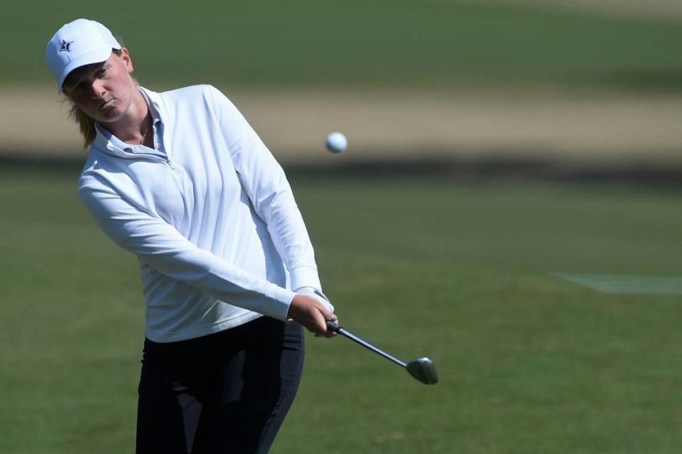 From March 29, 2022: Anna Morgan chips the ball during the first practice round of the Augusta National Women’s Amateur at Champions Retreat.