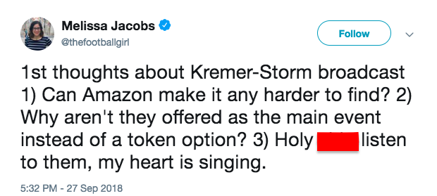 People thought Amazon Prime made it tough to find the Hannah Storm-Andrea Kremer broadcast. (Image via @thefootballgirl on Twitter)